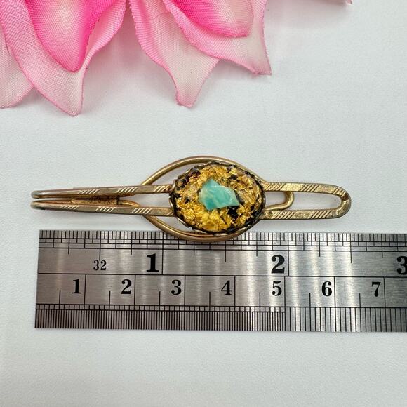 Vintage Gold Flake Turquoise Chip Tie Clip Unique Southwestern Retro Unsigned - Picture 9 of 11
